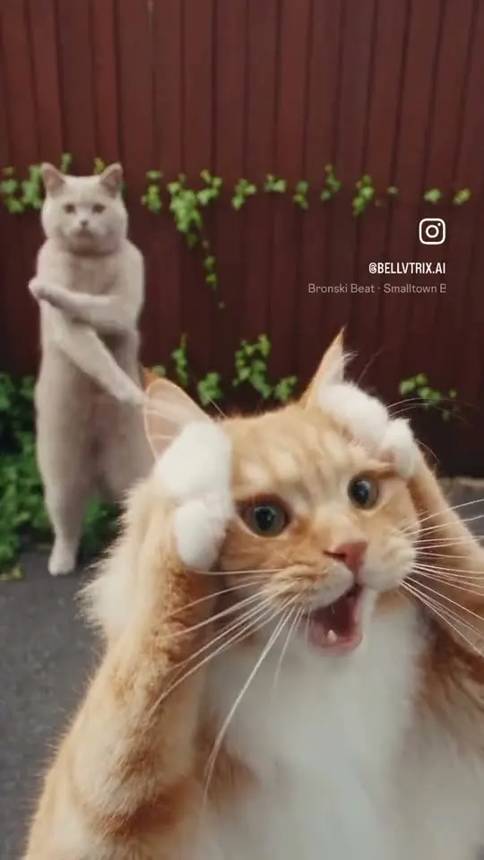 AI-generated cat performing the dance in front of the same fence